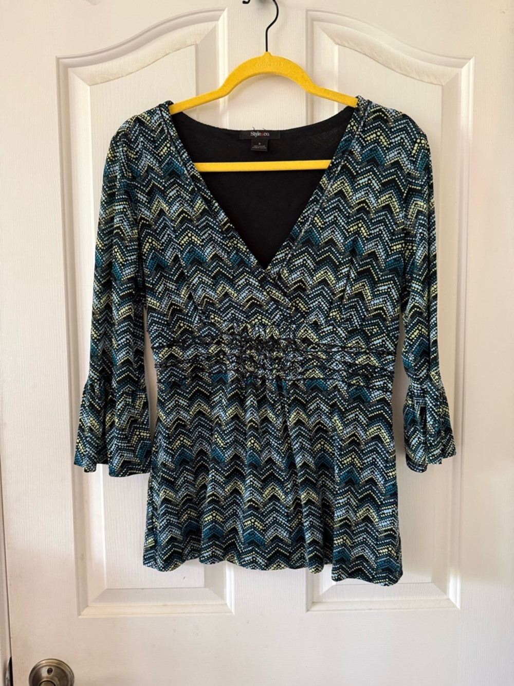 Style & Co. Teal Chevron V-Neck Peplum Blouse
